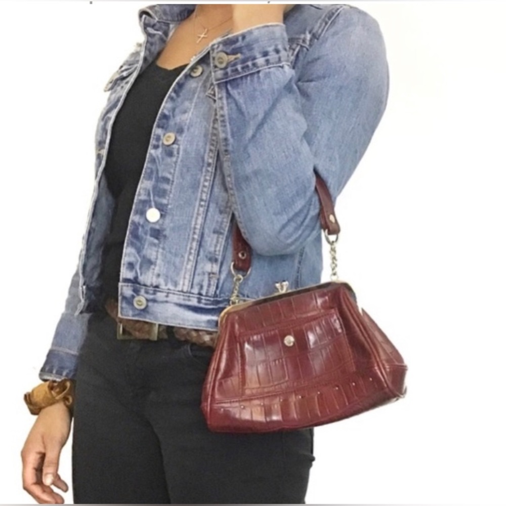 Vintage Y2K Liz Claiborne Large Burgundy Croc Embossed Studded KissLock …